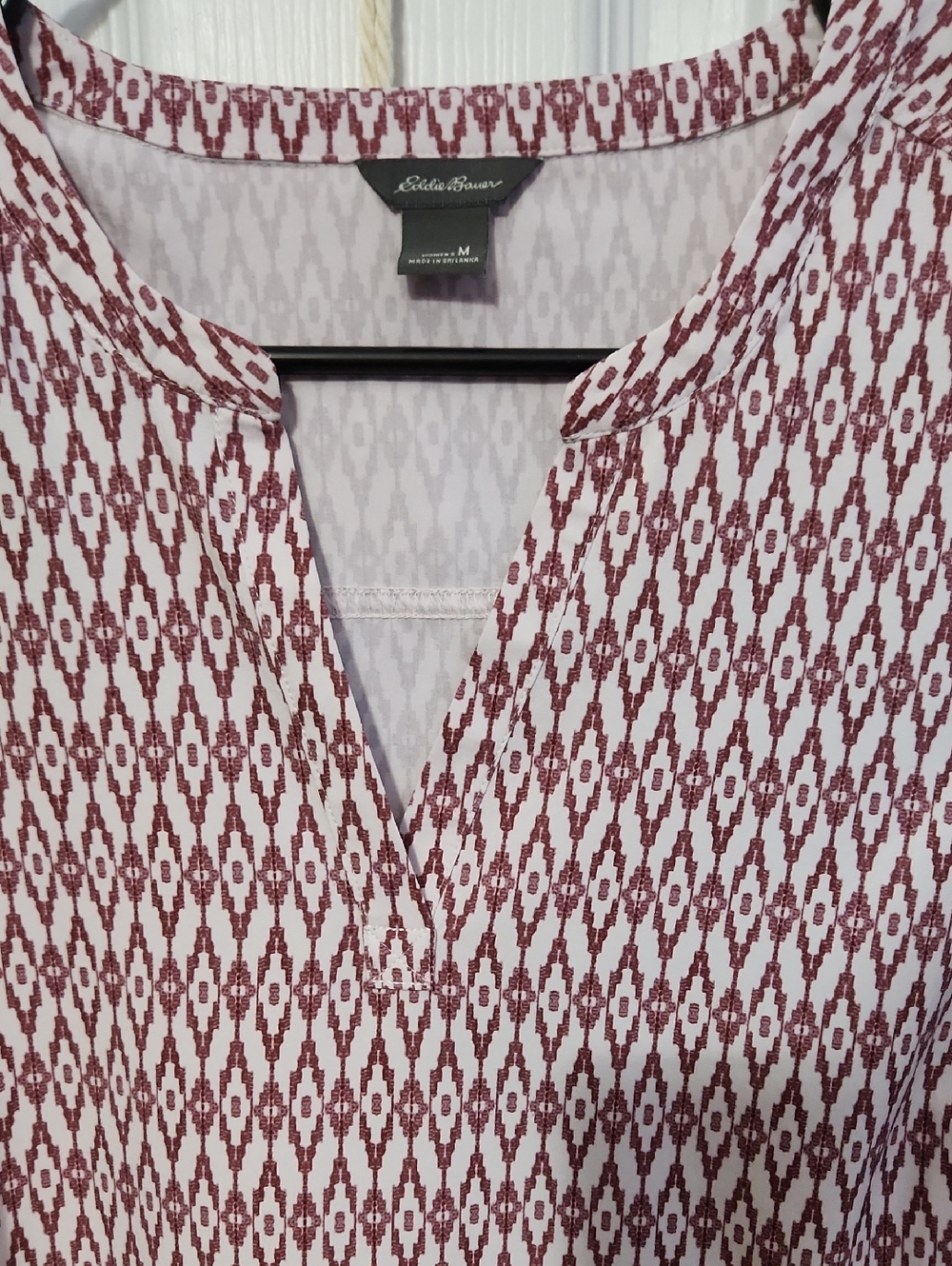 Eddie Bauer White and Burgundy Geometric Split-Neck Blouse